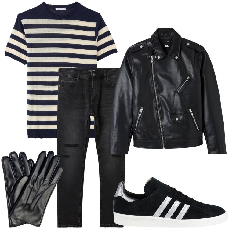 Outfit uomo - On the road. Stile Biker Rock per Tutti i giorni. Abbinamento con sneakers, jeans strappati, giacche, maglieria, guanti.