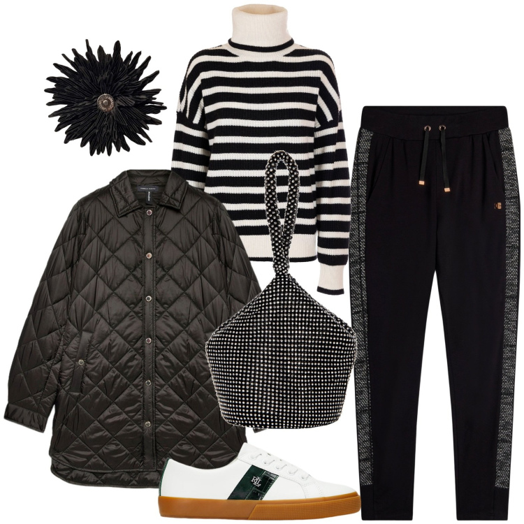 Outfit donna - Total look #1965357. Stile Casual per Tutti i giorni. Abbinamento con pochette, maglieria, pantaloni, sneakers, piumini, anelli.