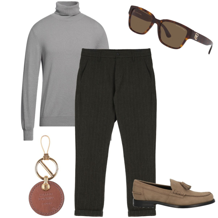 Outfit uomo - La dolcevita grigia. Stile Business/Elegante per Ufficio. Abbinamento con portachiavi, maglieria, scarpe stringate, pantaloni, occhiali da sole.