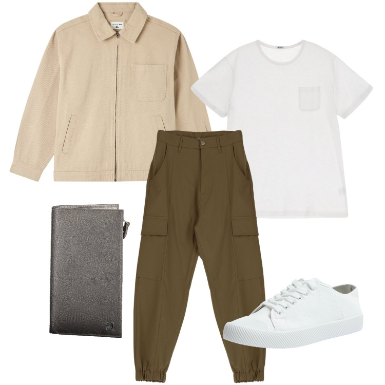 Outfit uomo - Stile minimal. Stile Urban per Tutti i giorni. Abbinamento con giacche, sneakers, pantaloni cargo, t-shirt, portafogli.