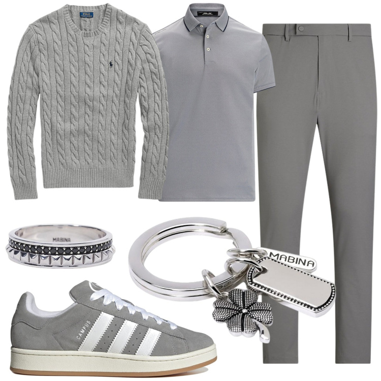 Outfit uomo - Total look #1965389. Stile Trendy per Ufficio. Abbinamento con portachiavi, anelli, maglieria, polo, pantaloni, sneakers.
