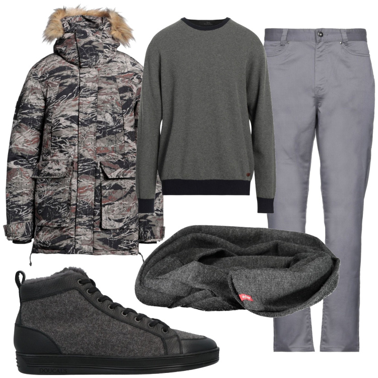 Outfit uomo - Total look #1965390. Stile Urban per Tutti i giorni. Abbinamento con pullovers, parka, pantaloni, sneakers, sciarpe.