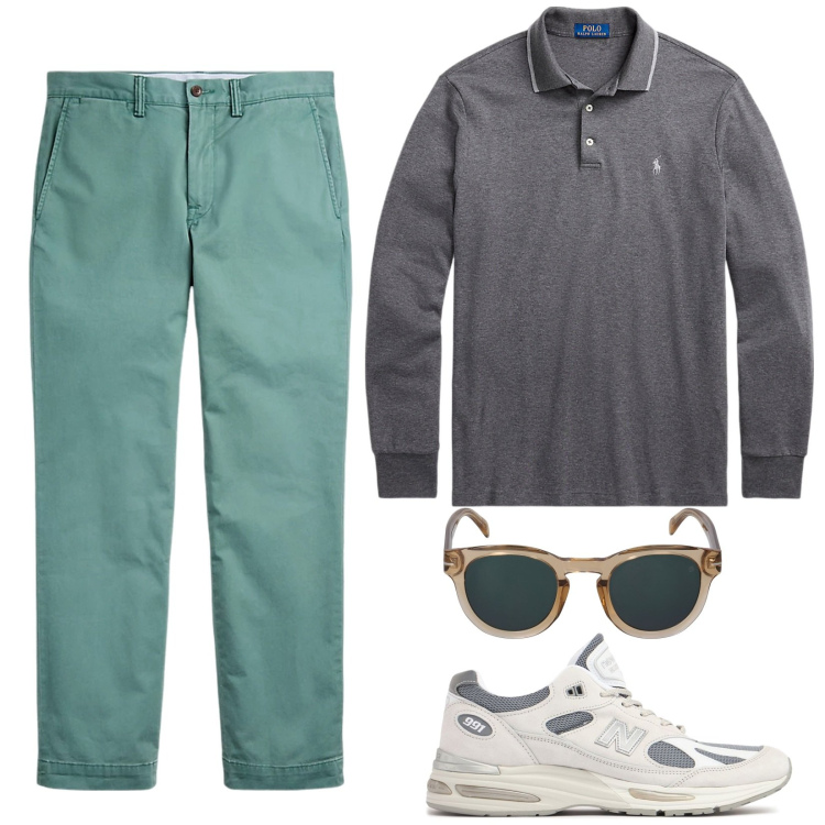 Outfit uomo - Il grigio e il verde. Stile Casual per Tutti i giorni. Abbinamento con pantaloni, polo, occhiali da sole, sneakers.