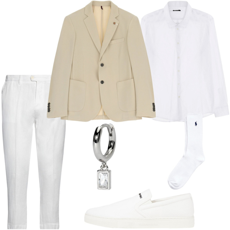 Outfit uomo - Colori chiari. Stile Trendy per Serata speciale. Abbinamento con pantaloni, sneakers, orecchini, camicie, giacche, calzini.