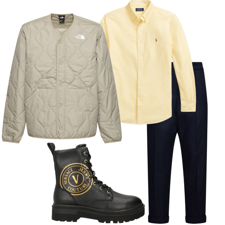 Outfit uomo - Versace ai piedi. Stile Trendy per Tutti i giorni. Abbinamento con anfibi, camicie, giacche, pantaloni.