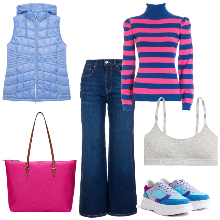 Outfit donna - Dolcevita a righe. Stile Casual per Scuola/Università. Abbinamento con jeans, maglieria, sneakers, canottiere, borse tote, piumini.