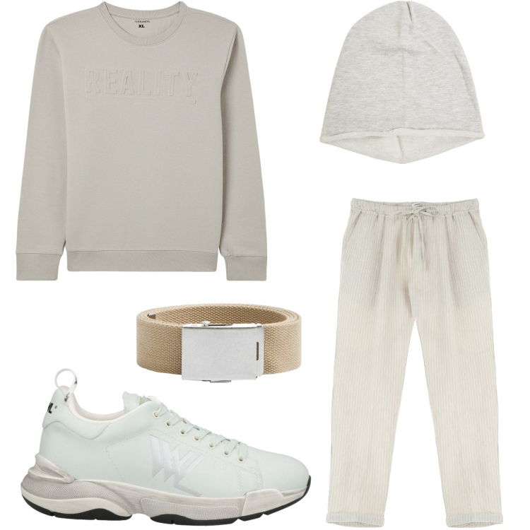 Outfit uomo - Easy. Stile Casual per Tutti i giorni. Abbinamento con sneakers, felpe, cinture, berretti, pantaloni.