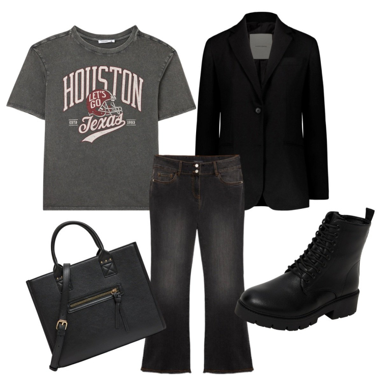 Outfit donna - Curvy casual col blazer. Stile Casual per Tutti i giorni. Abbinamento con shopping bag, t-shirt, anfibi, blazer, jeans.