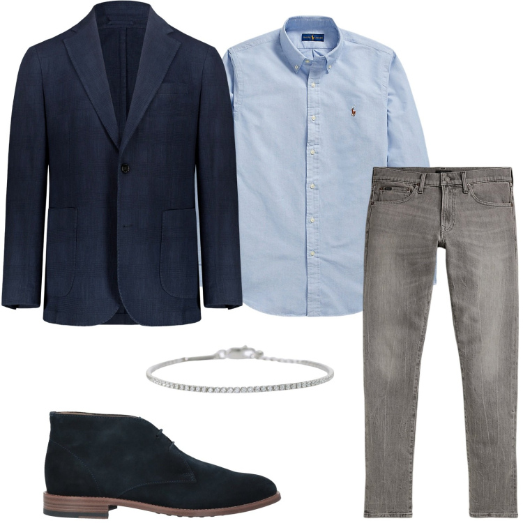 Outfit uomo - Denim seducente. Stile Trendy per Serata speciale. Abbinamento con stivali e stivaletti, braccialetti, camicie, jeans, giacche.