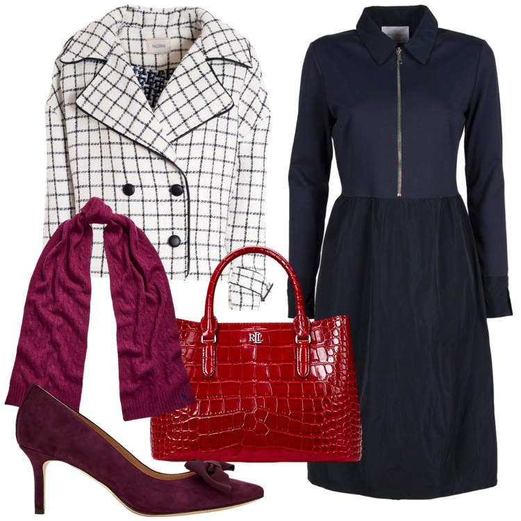 Outfit donna - Chic in ufficio. Stile Bon Ton per Ufficio. Abbinamento con blazer, sciarpe, décolleté, borse a mano, vestiti.