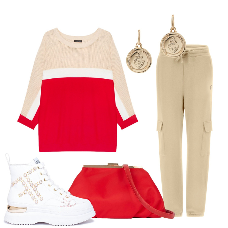 Outfit donna - Il rosso che fa la differenza. Stile Casual per Tutti i giorni. Abbinamento con sneakers, pantaloni cargo, orecchini, maglieria, pochette.