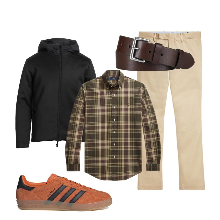 Outfit uomo - Total look #1965525. Stile Trendy per Tutti i giorni. Abbinamento con cappotti, pantaloni chino, cinture, camicie, sneakers.