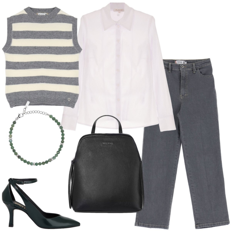 Outfit donna - Total look #1965557. Stile Casual per Scuola/Università. Abbinamento con camicie, jeans dritti, maglieria, braccialetti, zaini, décolleté.
