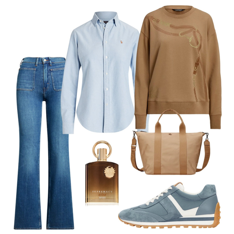 Outfit donna - Perfetto stile casual!. Stile Casual per Scuola/Università. Abbinamento con profumi, camicie, sneakers, pullovers, borse tote, jeans bootcut.