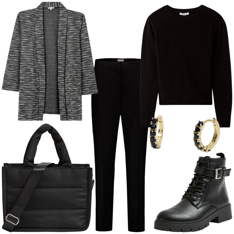 Outfit donna - Il blazer per settembre. Stile Minimal per Tutti i giorni. Abbinamento con blazer, anfibi, maglieria, shopping bag, orecchini, pantaloni.