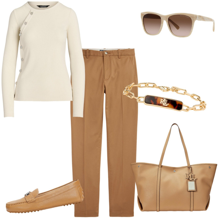 Outfit donna - Sempre casual con Ralph Lauren. Stile Casual per Tutti i giorni. Abbinamento con pantaloni chino, occhiali da sole, maglieria, mocassini, borse tote, braccialetti.