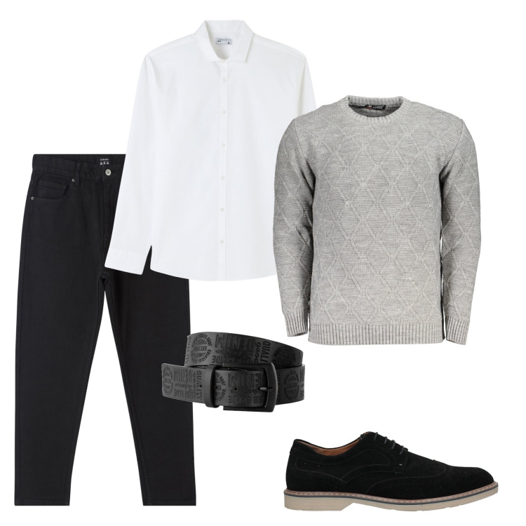 Outfit uomo - Oversize di stile. Stile Casual per Ufficio. Abbinamento con cinture, scarpe stringate, pantaloni, camicie, maglieria.