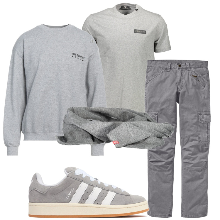 Outfit uomo - Toni del grigio. Stile Casual per Tutti i giorni. Abbinamento con pantaloni cargo, felpe, sciarpe, t-shirt, sneakers.