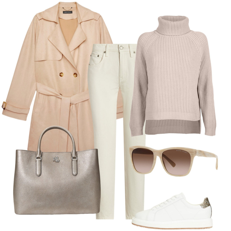 Outfit donna - Total look #1965605. Stile Casual per Tutti i giorni. Abbinamento con occhiali da sole, sneakers, jeans, borse a mano, maglieria, trench.
