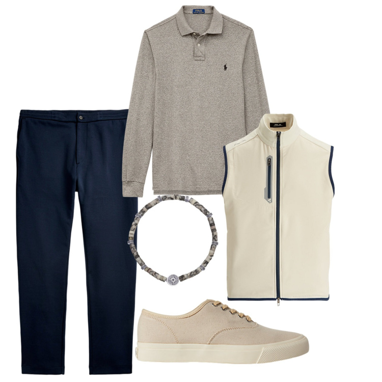 Outfit uomo - Relax day. Stile Urban per Tutti i giorni. Abbinamento con braccialetti, sneakers, polo, pantaloni, gilet.