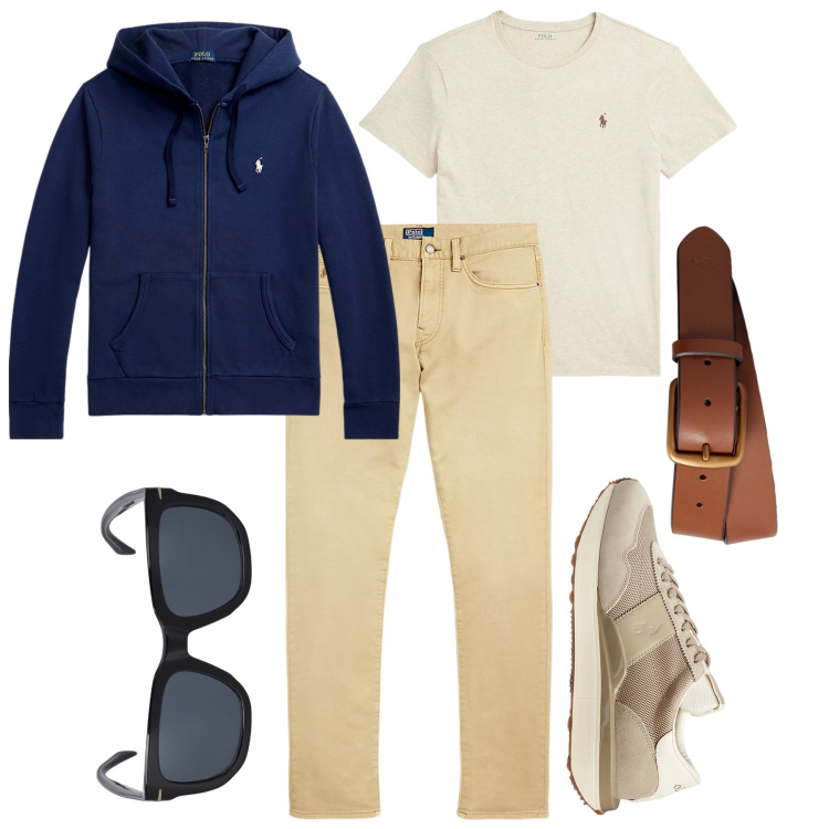 Outfit uomo - Fine settembre. Stile Casual per Tutti i giorni. Abbinamento con t-shirt, cinture, pantaloni chino, sneakers, felpe con cappuccio, occhiali da sole.