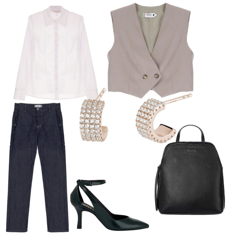 Outfit donna - Please -Denim station. Stile Casual chic per Serata fuori. Abbinamento con camicie, jeans dritti, gilet, orecchini, zaini, décolleté.