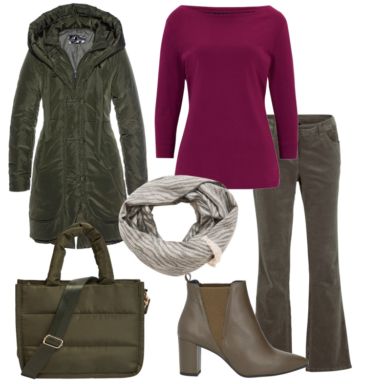 Outfit donna - Stivaletti verdi. Stile Casual per Ufficio. Abbinamento con pantaloni, blazer, maglieria, stivaletti chelsea, shopping bag, sciarpe.