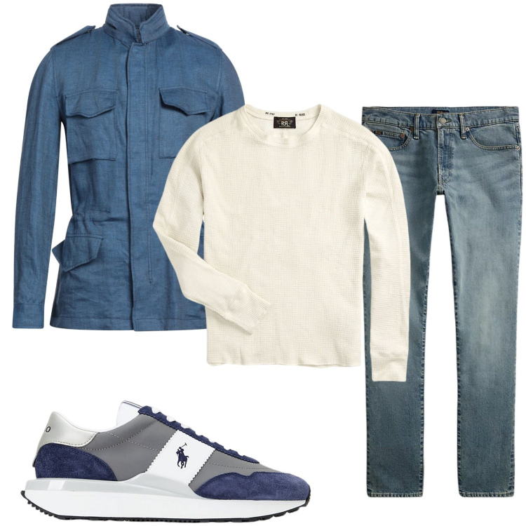 Outfit uomo - Giacca azzurra avvolgente. Stile Trendy per Tutti i giorni. Abbinamento con giacche, maglieria, jeans, sneakers.