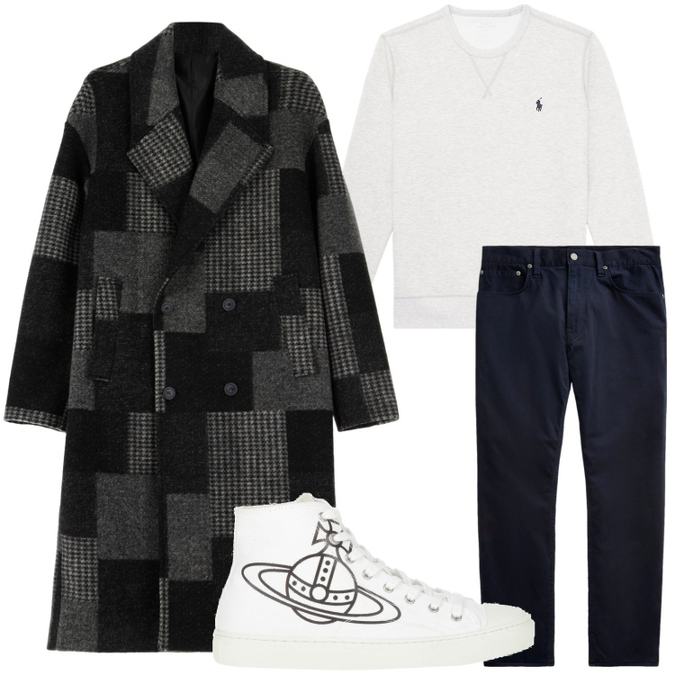 Outfit uomo - Cappotto doppiopetto patchwork. Stile Casual per Tutti i giorni. Abbinamento con sneakers, cappotti, pantaloni, felpe.