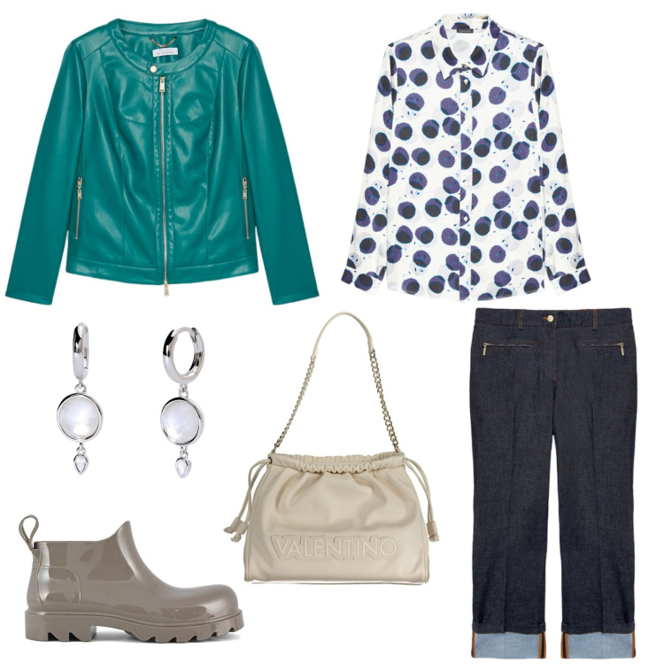 Outfit donna - Total look #1965644. Stile Casual chic per Scuola/Università. Abbinamento con orecchini, stivali, camicie, blazer, jeans dritti, borse a spalla.