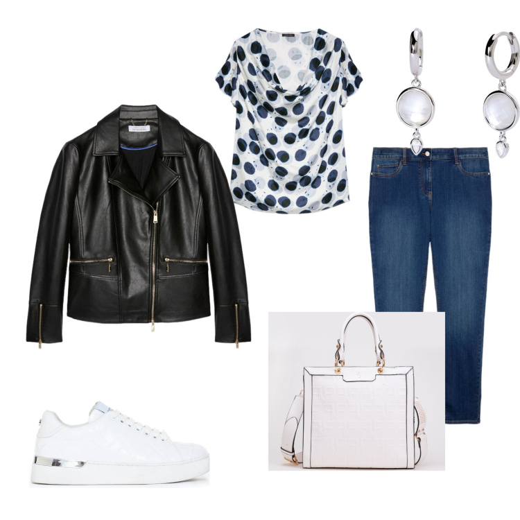 Outfit donna - Casual chic. Stile Casual chic per Tutti i giorni. Abbinamento con orecchini, sneakers, borse tote, top, blazer, jeans skinny.
