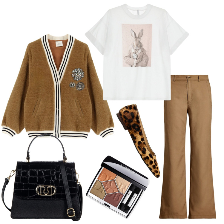 Outfit donna - Lunedi !. Stile Casual chic per Ufficio. Abbinamento con ombretti, borse a mano, t-shirt, pantaloni, ballerine, blazer.