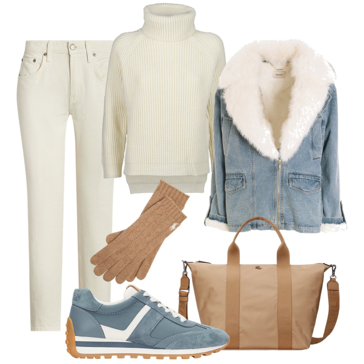 Outfit donna - Giornata intensa: comoda e al caldo. Stile Casual per Tutti i giorni. Abbinamento con blazer, guanti, sneakers, borse tote, jeans, maglieria.