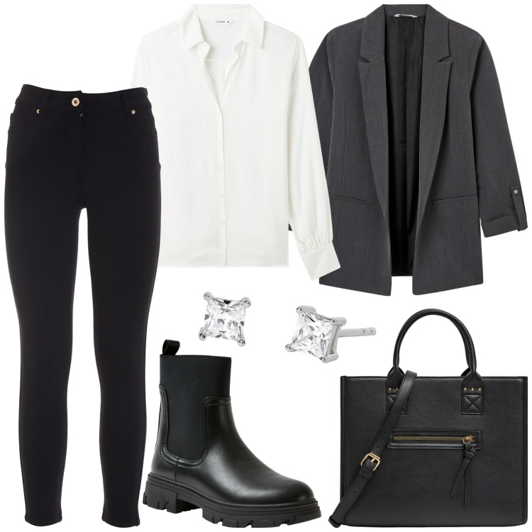 Outfit donna - Total look #1965658. Stile Urban per Scuola/Università. Abbinamento con shopping bag, stivaletti chelsea, blazer, camicie, orecchini, jeans.