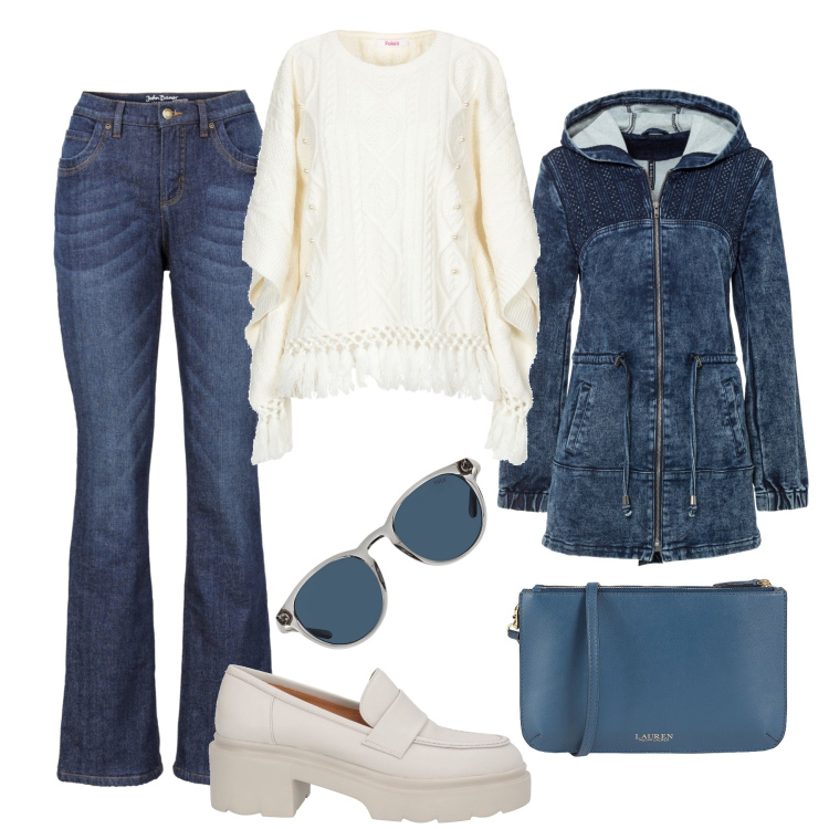 Outfit donna - Parka in denim e maglia sfiziosa !. Stile Casual per Tutti i giorni. Abbinamento con parka, jeans bootcut, pullovers, mocassini, borse a tracolla, occhiali da sole.