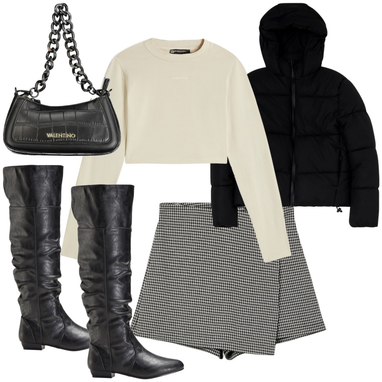 Outfit donna - Total look #1965668. Stile Casual per Tutti i giorni. Abbinamento con stivali sopra il ginocchio, minigonne, blazer, maglieria, borse a spalla.