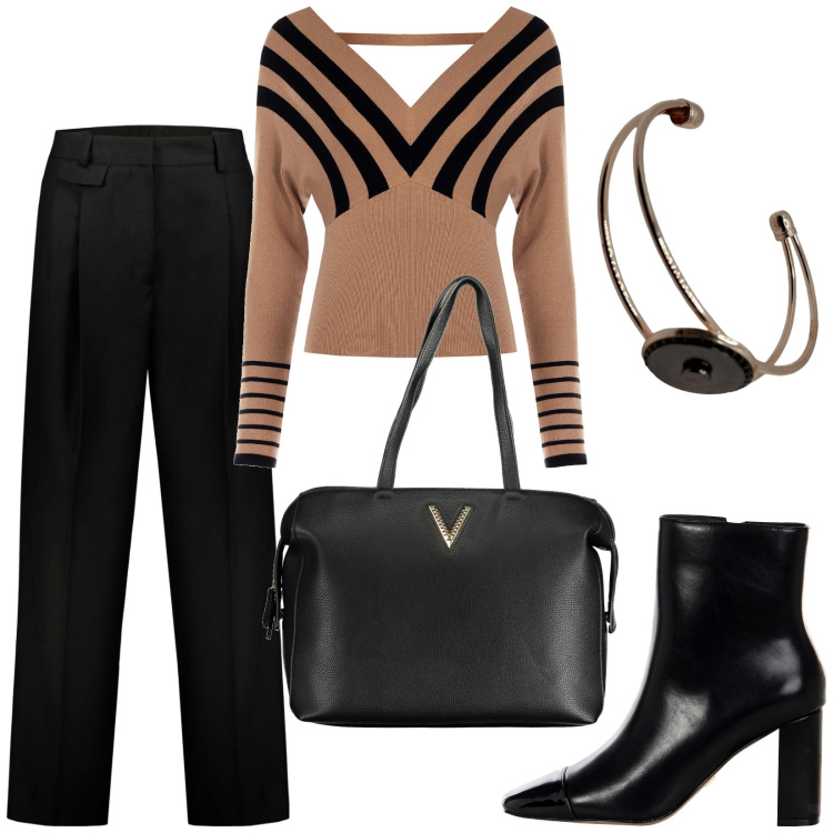 Outfit donna - Pullover a righe. Stile Minimal per Ufficio. Abbinamento con maglieria, stivaletti, pantaloni, borse a spalla, braccialetti.