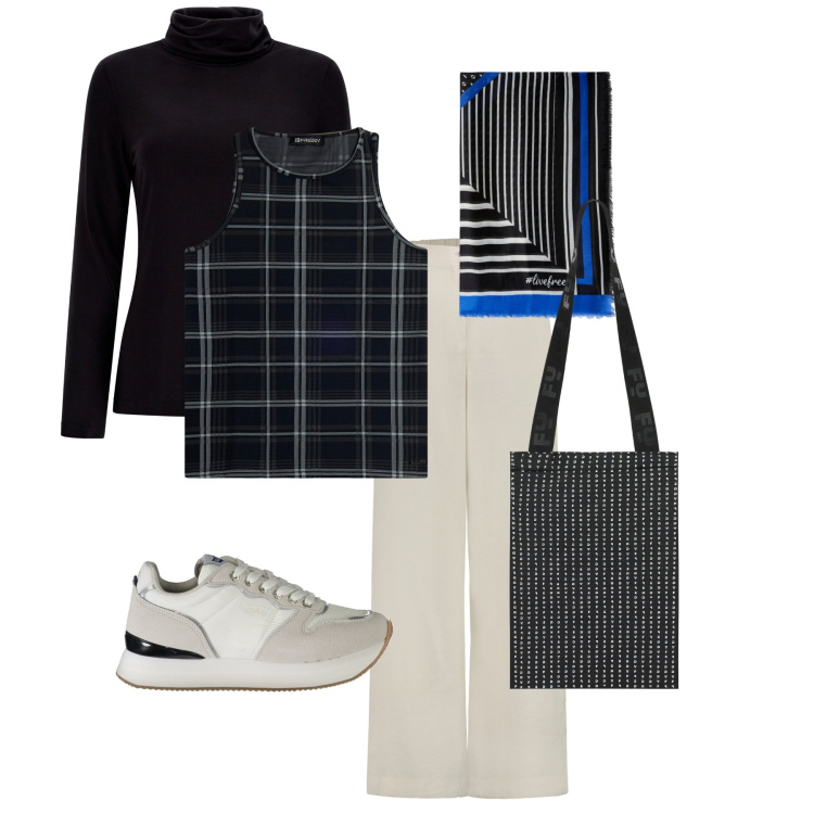 Outfit donna - Righe e quadri. Stile Casual per Tutti i giorni. Abbinamento con canottiere, maglieria, shopping bag, sneakers, pantaloni, foulard.