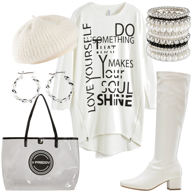 Outfit donna - Total look #1965676. Stile Casual per Tutti i giorni. Abbinamento con braccialetti, orecchini, vestiti, stivali, cappelli e berretti, shopping bag.