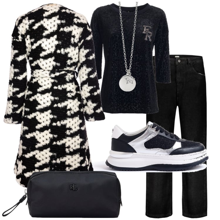 Outfit donna - Casual style. Stile Casual per Ufficio. Abbinamento con ciondoli, cappotti, sneakers, t-shirt, pochette, jeans.