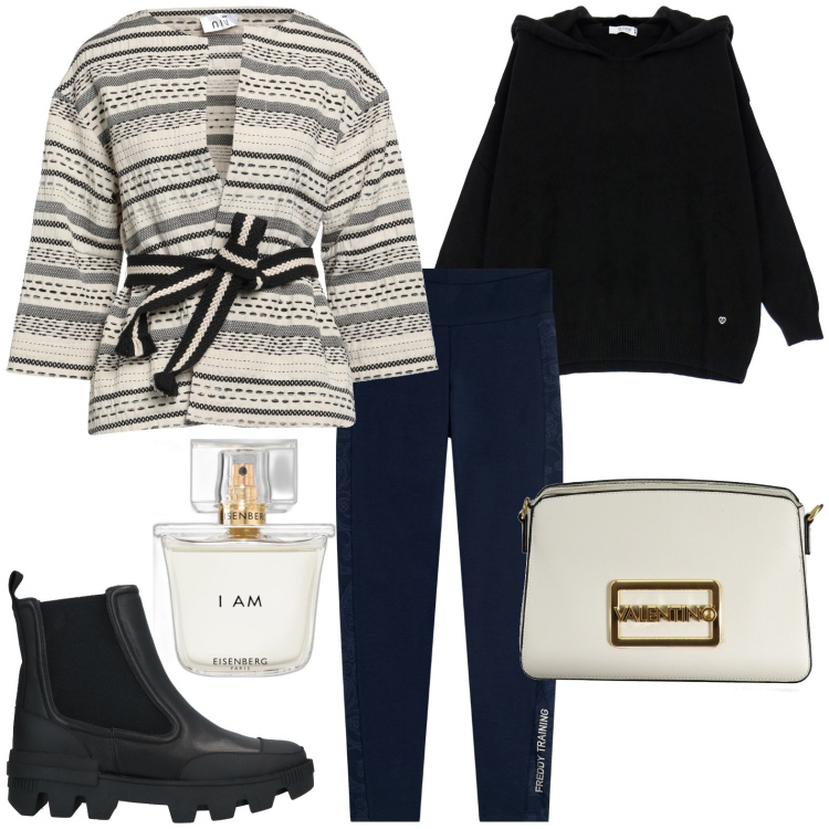 Outfit donna - Total look #1965688. Stile Casual per Tutti i giorni. Abbinamento con blazer, stivaletti, profumi, pullovers, leggings, borse a spalla.