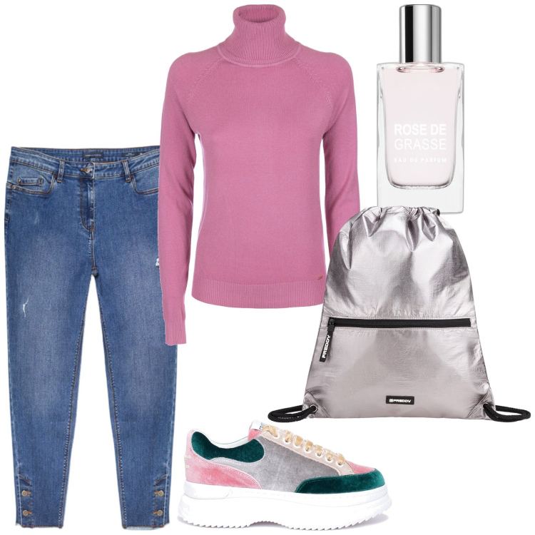 Outfit donna - Total look #1965691. Stile Casual per Tutti i giorni. Abbinamento con profumi, maglieria, sneakers, zaini, jeans strappati.