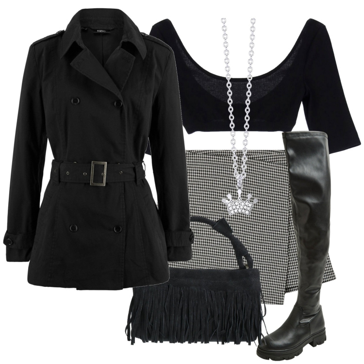 Outfit donna - Disco Total black. Stile Urban per Serata fuori. look ideale per Petite. Abbinamento con trench, borse a mano, minigonne, stivali, collane, top.