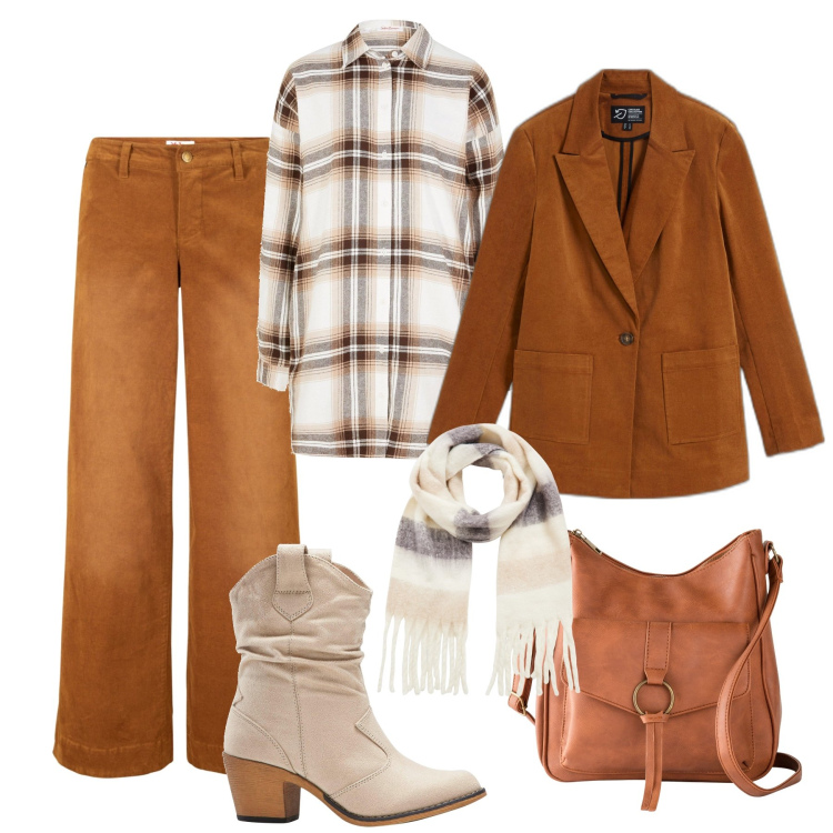 Outfit donna - Velluto e flanella: texana in città. Stile Boho per Tutti i giorni. Abbinamento con pantaloni, camicie, stivaletti texani, borse a tracolla, blazer, sciarpe.