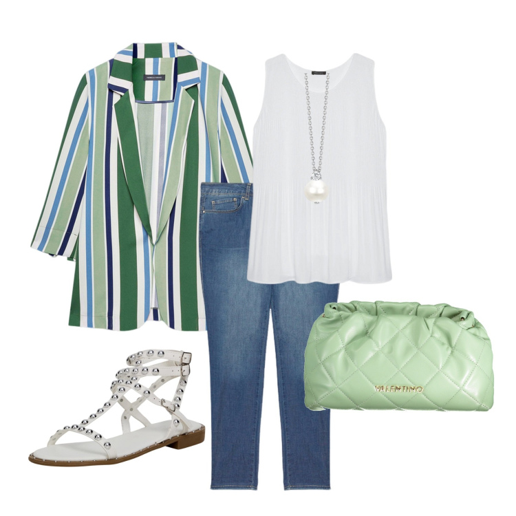 Outfit donna - Moda curvy. Stile Casual chic per Ufficio. Abbinamento con sandali, collane, blazer, jeans skinny, top, borse a spalla.