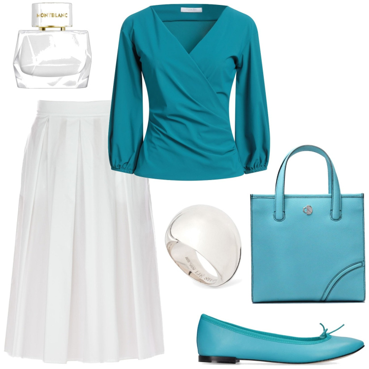 Outfit donna - Total look #1965741. Stile Chic per Tutti i giorni. Abbinamento con t-shirt, profumi, gonne longuette, ballerine, anelli, shopping bag.