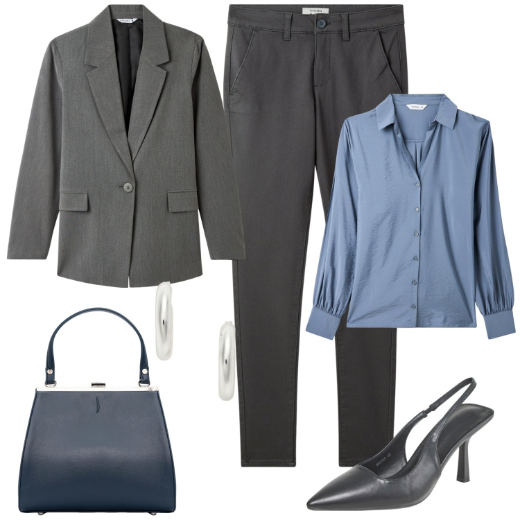 Outfit donna - In ufficio a settembre. Stile Casual chic per Ufficio. Abbinamento con pantaloni chino, camicie, décolleté, blazer, orecchini, clutch.