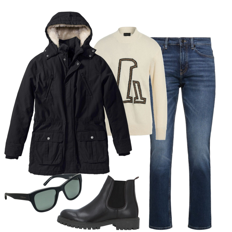 Outfit uomo - Total look #1965794. Stile Urban per Tutti i giorni. Abbinamento con parka, stivali e stivaletti, occhiali da sole, pullovers, jeans.