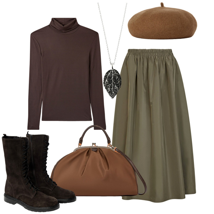 Outfit donna - City. Stile Urban per Tutti i giorni. Abbinamento con ciondoli, maglieria, cappelli e berretti, gonne lunghe, stivaletti, borse a spalla.