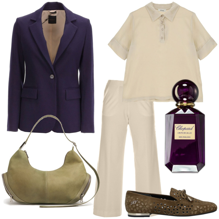 Outfit donna - Total look #1965803. Stile Casual chic per Tutti i giorni. Abbinamento con mocassini, profumi, top, blazer, borse a spalla, pantaloni.